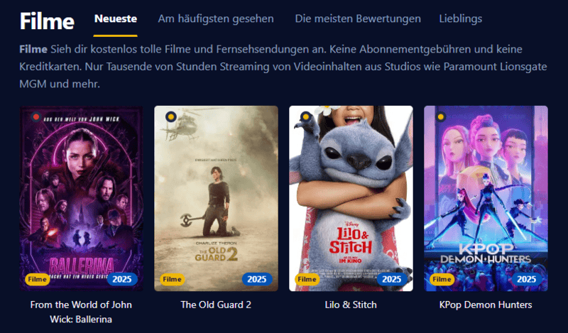 Bildschirmfoto der Filmpalast Oberflaeche mit diversen Filmtiteln und Serienepisoden